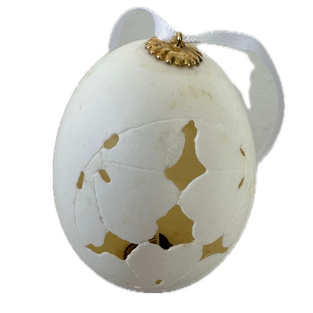 Hand-Carved 3 Point Real Goose Egg Shell Christmas Easter Ornament Gold Hardware